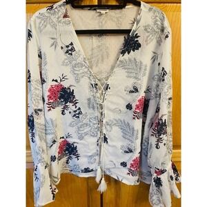En Creme Floral Blouse Lace Up Boho Romantic V Neck Bell Sleeve Top Size Large‎